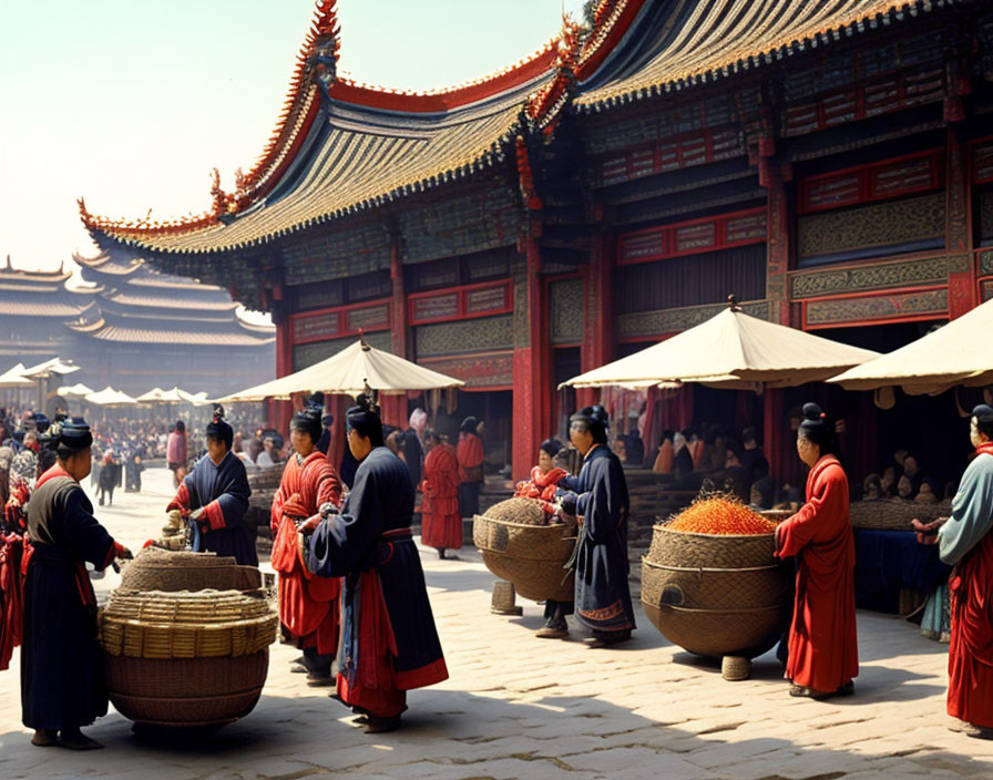 People in traditional Chinese attire at ancient temple with fruit baskets and parasols.