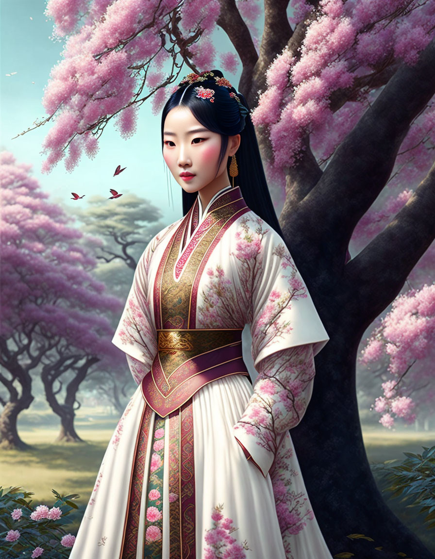 Traditional East Asian Attire Woman Under Cherry Blossoms and Butterflies