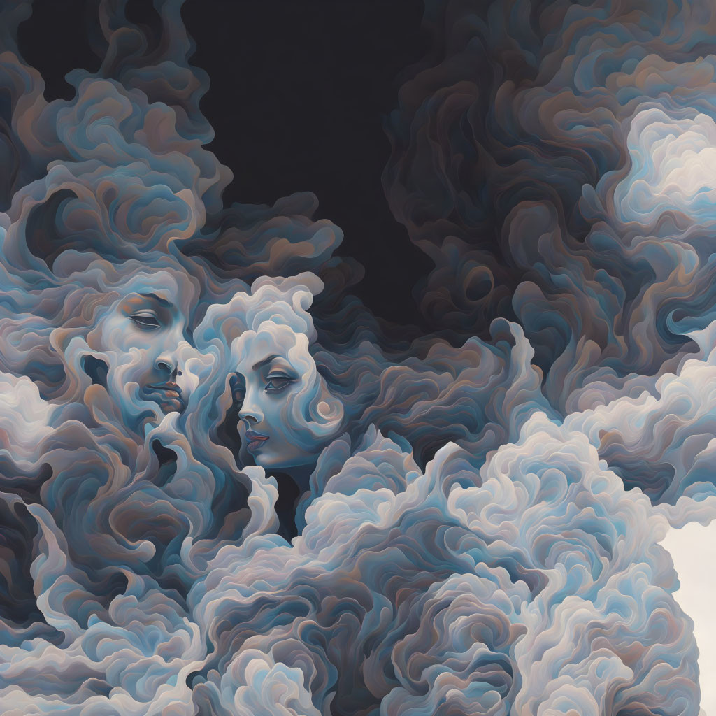 Surreal illustration of faces merging into cloud-like forms in blues and grays