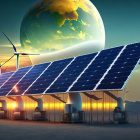 Wind turbines in tropical landscape with lush greenery, red-roofed buildings, river at sunset