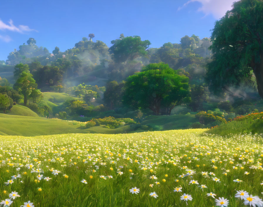 Scenic landscape with green meadows, daisies, misty hills, and sunlight.