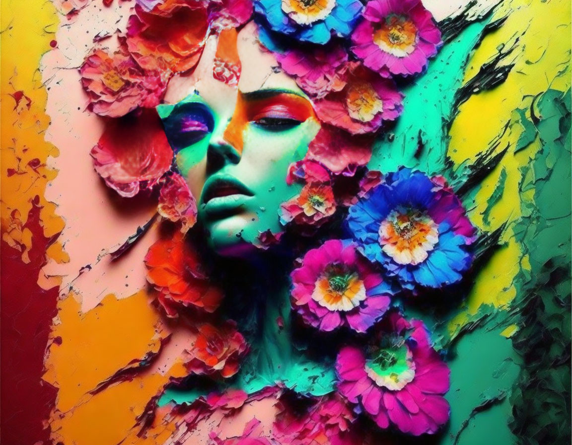 Vibrant floral woman's face artwork on colorful backdrop