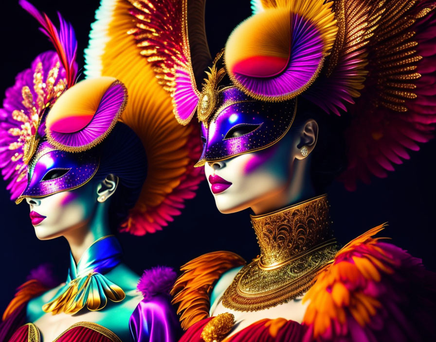 Colorful Masquerade Masks with Feathers in Gold, Orange, and Purple Hues on Figures