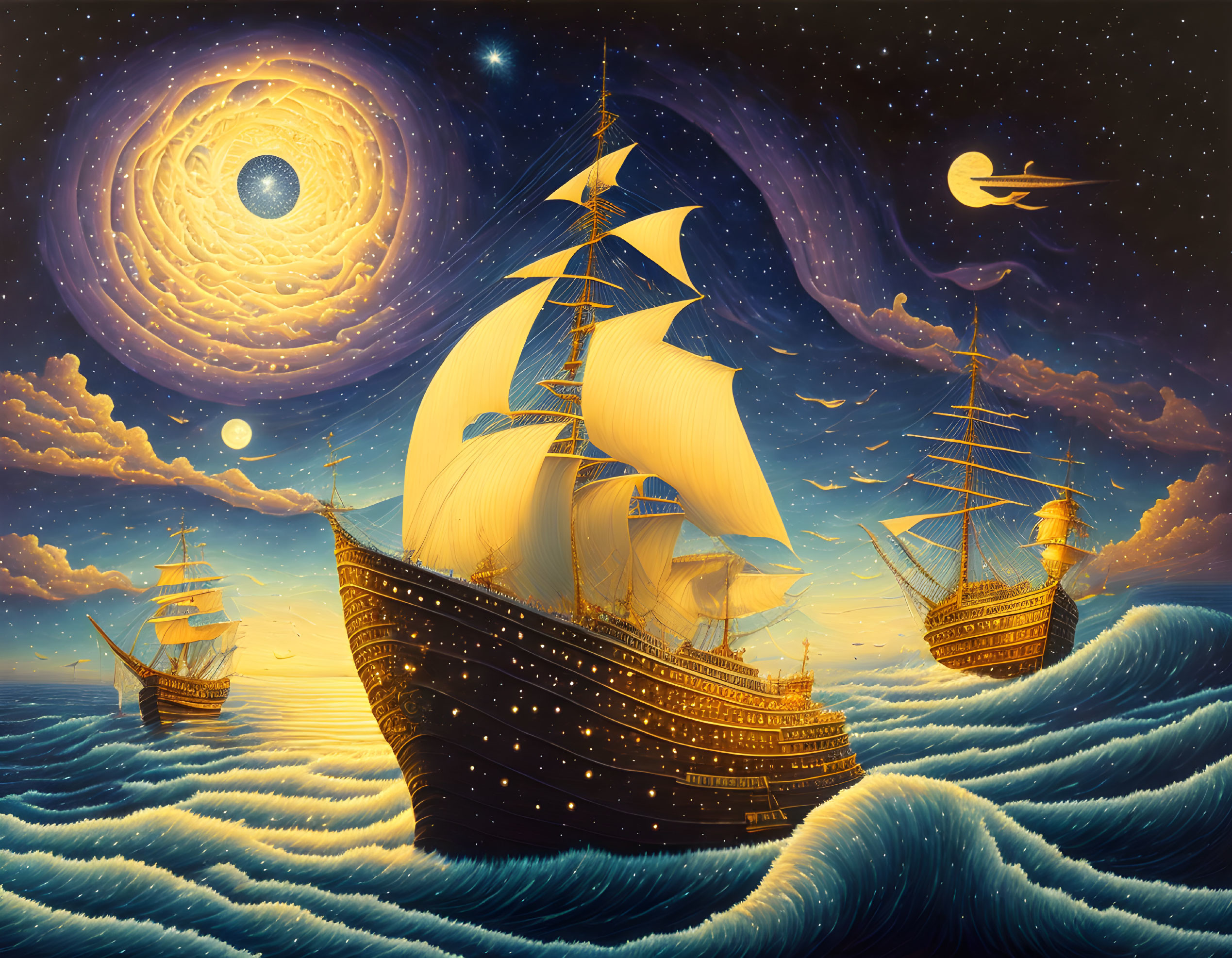 Multiple moons and galaxy swirl over sailing ships in golden-orange glow