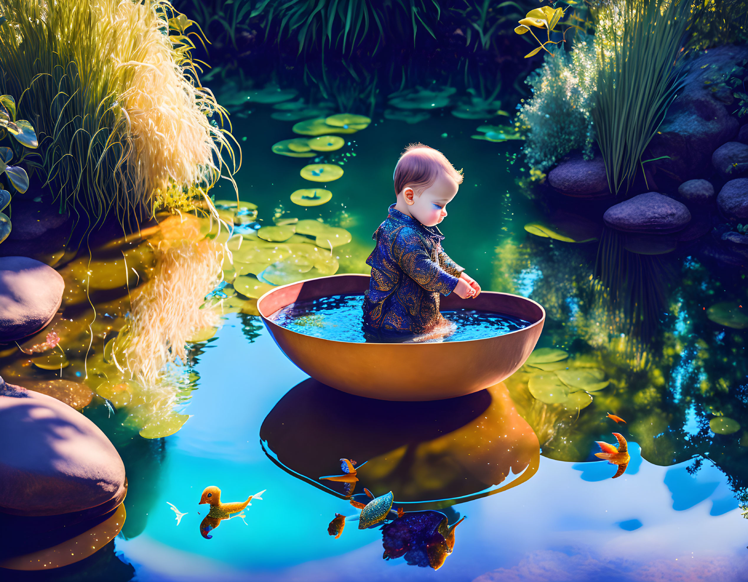 Toddler standing in bowl on serene pond with fish and lily pads