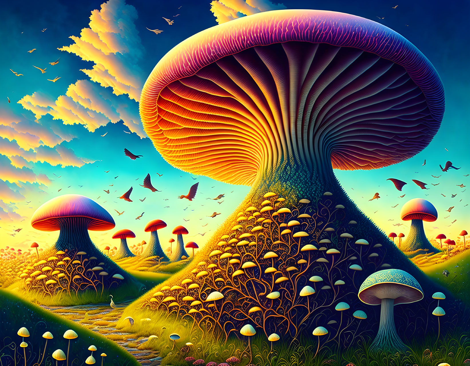 Colorful Digital Art: Surreal Landscape with Oversized Mushrooms and Birds