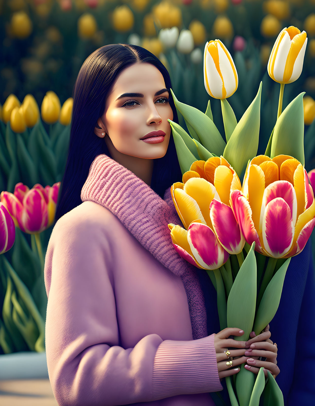 Dark-haired woman in pink sweater with yellow and red tulip bouquet in garden.