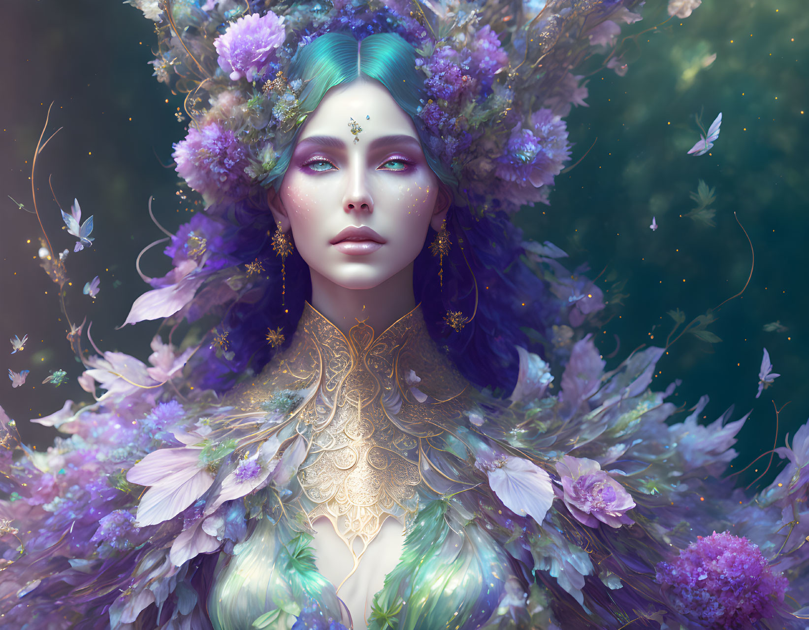 Fantasy portrait: Woman with turquoise hair, purple flowers, gold adornments