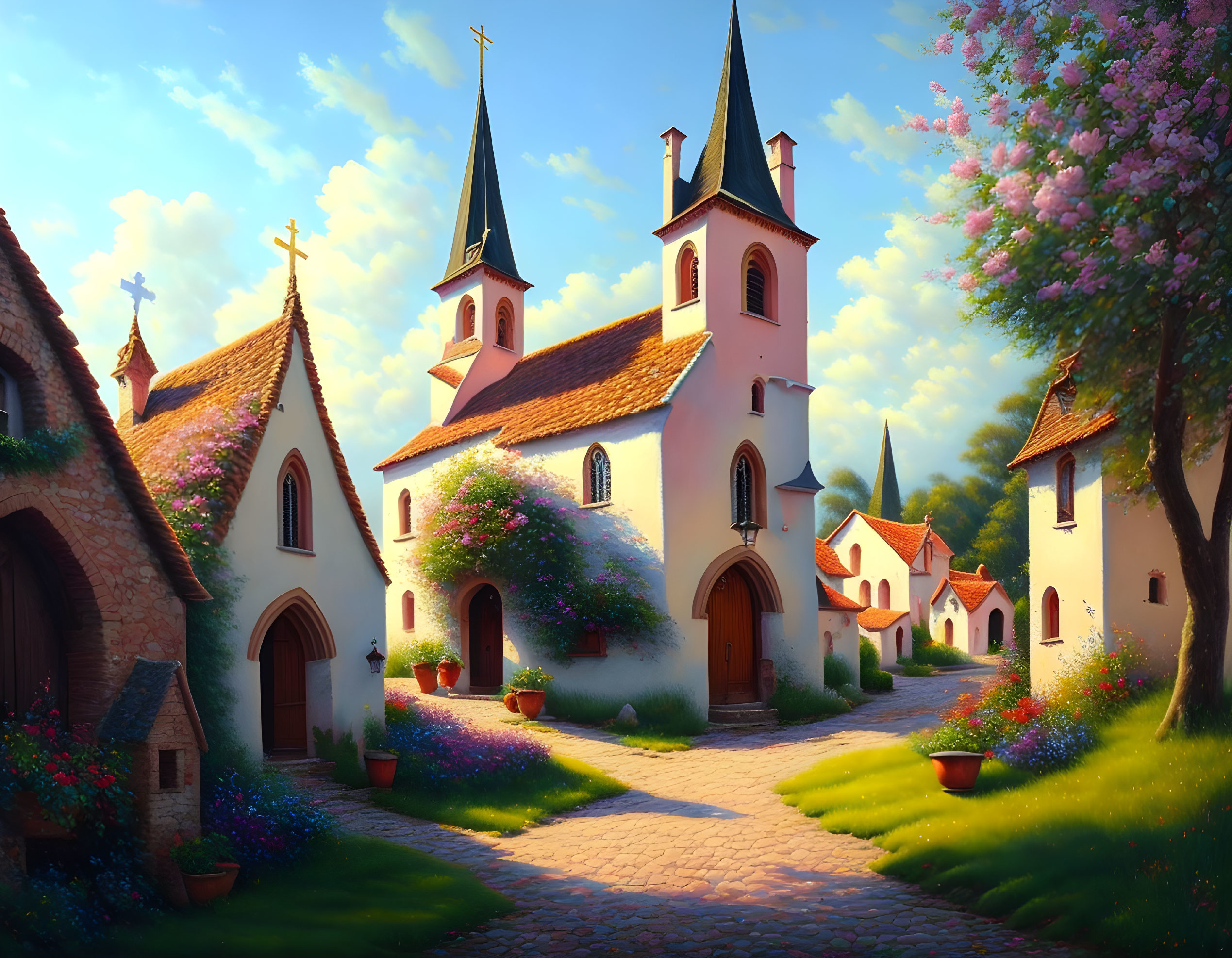 Picturesque village scene with church, cottages, flowers, and greenery under warm sky