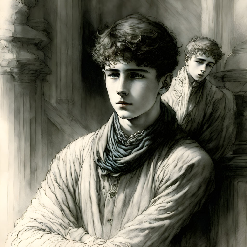 Monochromatic illustration of two young men in classical setting