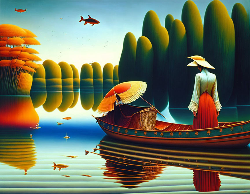 Traditional Attire Figure on Boat in Surreal Landscape with Colorful Fish and Rounded Trees