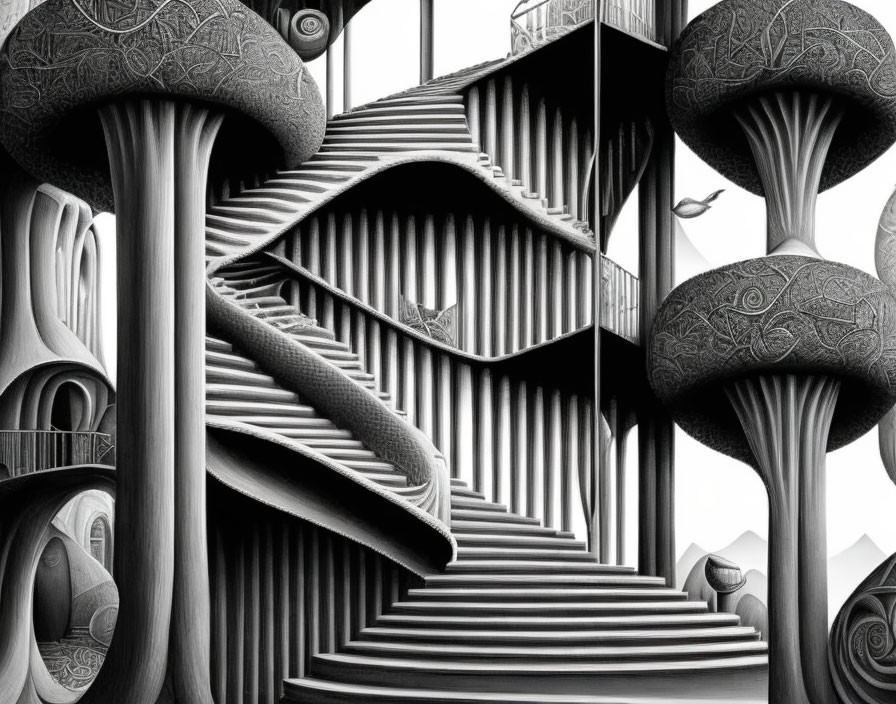 Surreal greyscale artwork: Staircase and mushroom-shaped structures