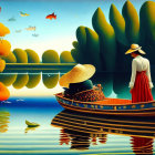 Traditional Attire Figure on Boat in Surreal Landscape with Colorful Fish and Rounded Trees