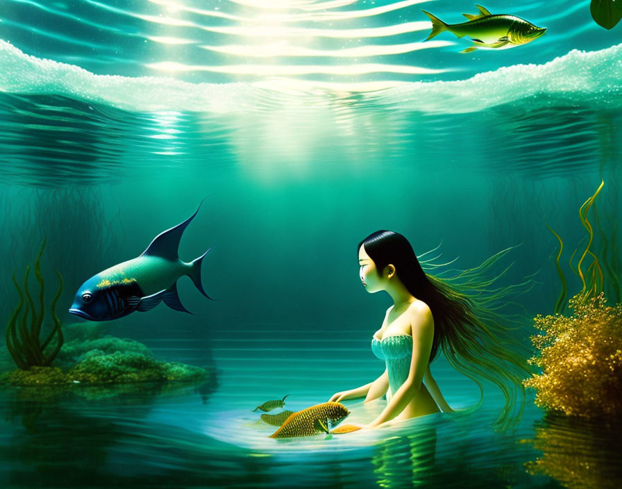 Black-Haired Mermaid Surrounded by Fish Underwater