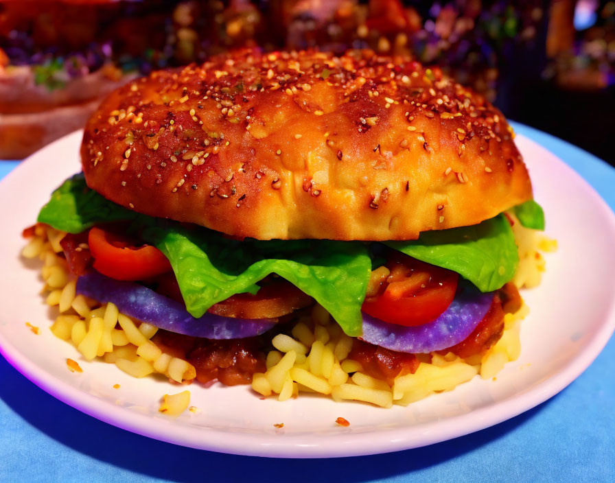 Succulent burger with lettuce, tomato, red onion on sesame seed bun & yellow rice