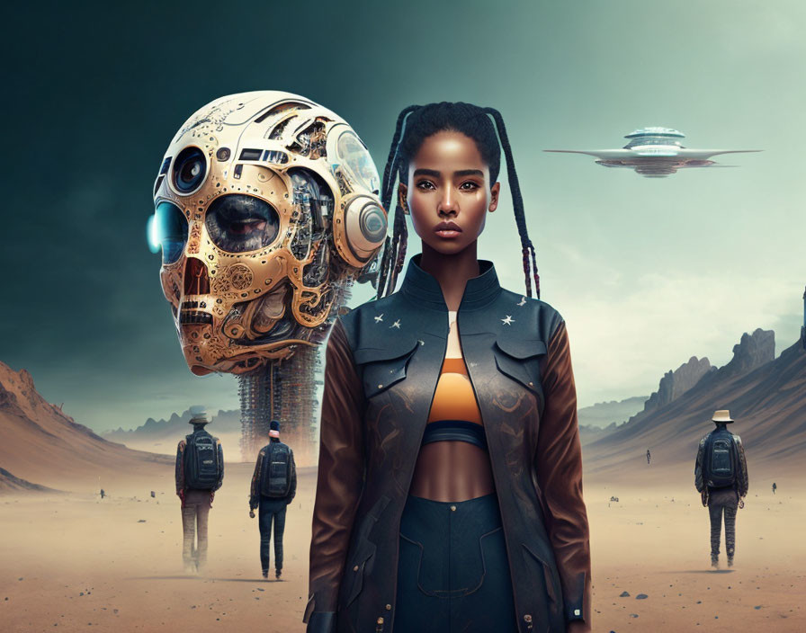 Braided hair woman in futuristic outfit with robots and flying saucer in desert landscape