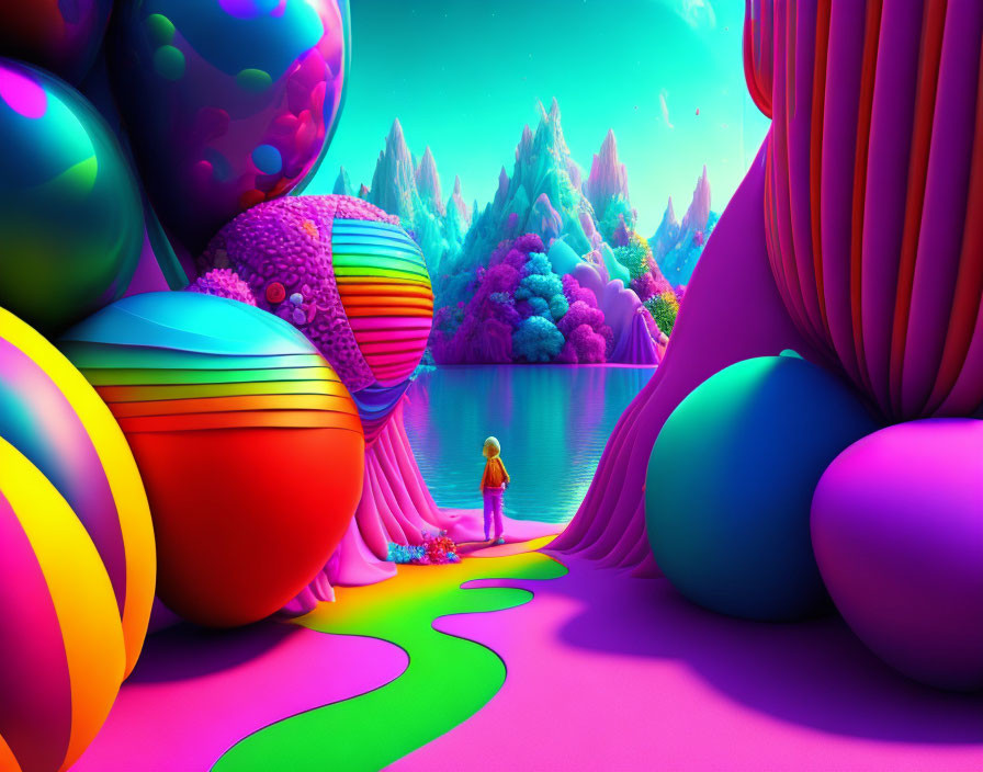 Colorful surreal landscape with textured spheres, pink trees, and neon-lit forest by magenta waters