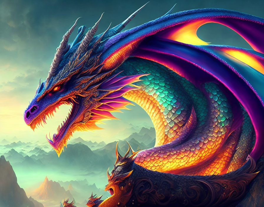 Colorful Dragon Artwork Against Mountain Backdrop