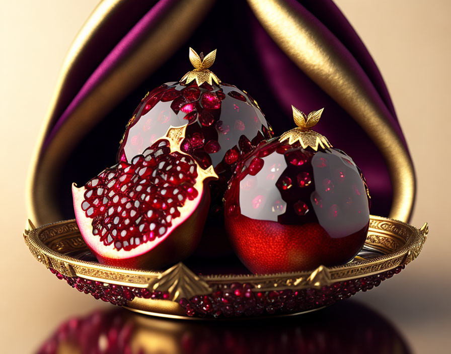 Ornate Still Life: Ruby-Red Pomegranates in Golden Bowl