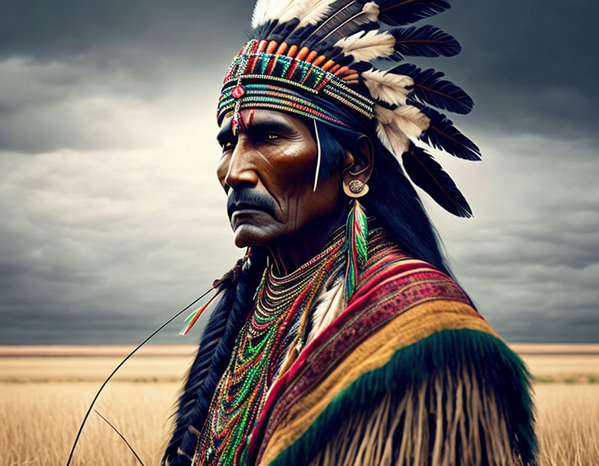 Person in Native American headdress gazes over stormy plain