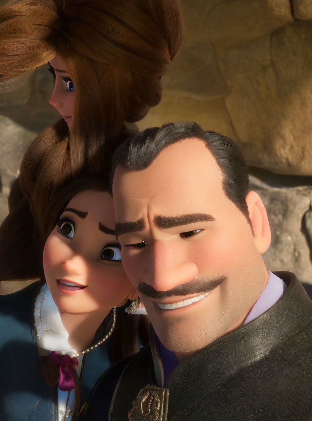 Three animated characters in close pose, smiling man in focus with two concerned women behind