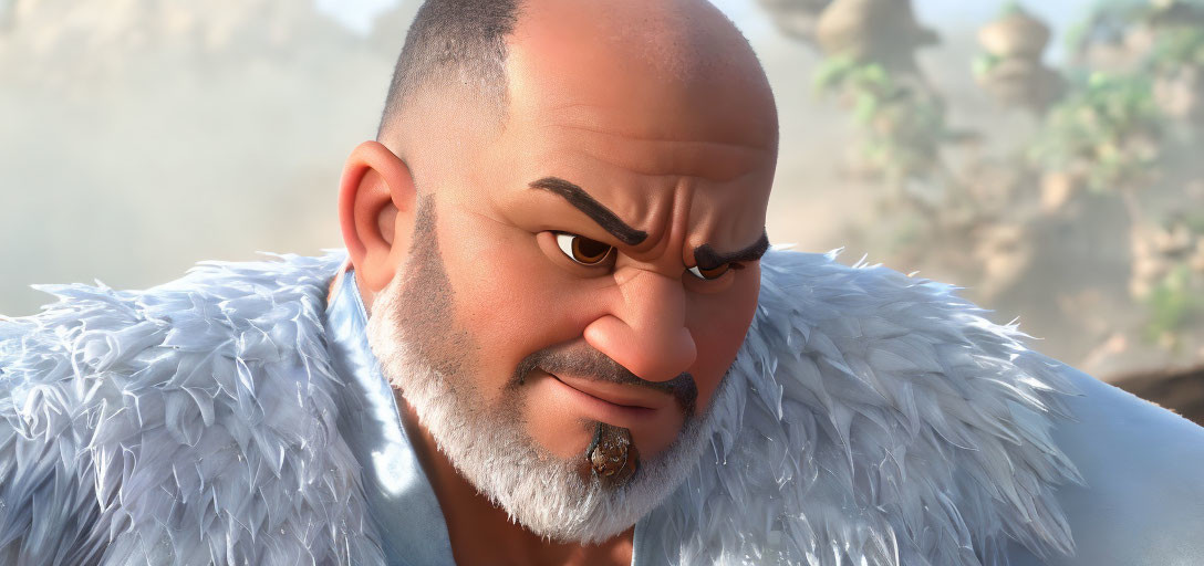 Animated character with bald head, thick eyebrows, white fur coat, stern expression