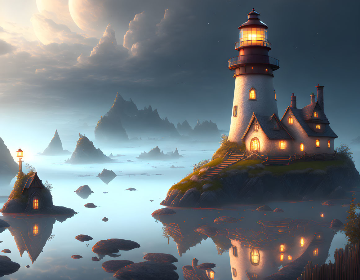 Moonlit twilight scene with glowing lighthouse by misty sea