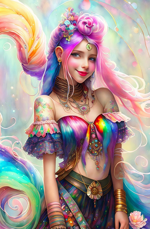 Colorful illustration of a girl with rainbow hair and ethereal attire in pastel swirl.