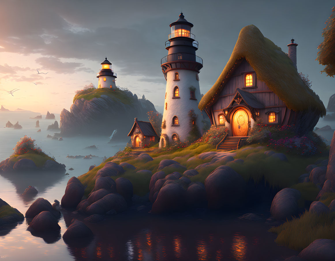 Tranquil twilight landscape with lighthouse, cottage, and ocean view