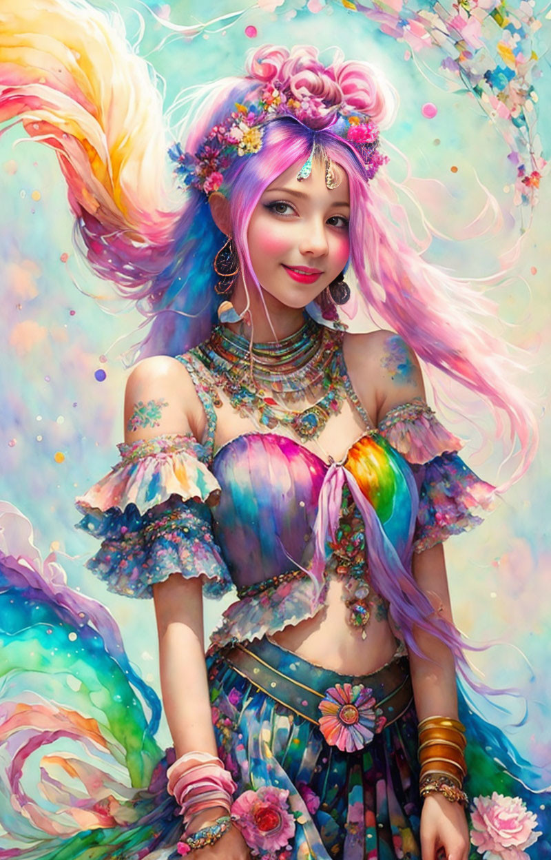 Fantasy portrait of a woman with vibrant purple and pink hair in colorful attire against a dreamy past