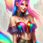 Colorful illustration of a girl with rainbow hair and ethereal attire in pastel swirl.