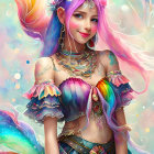 Fantasy portrait of a woman with vibrant purple and pink hair in colorful attire against a dreamy past