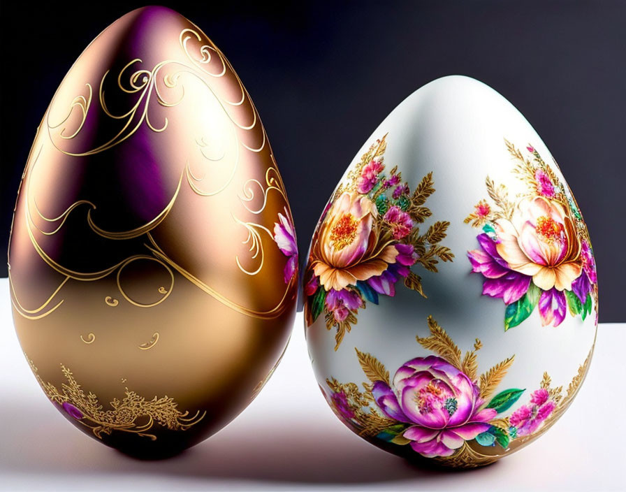 Ornate gold and white Easter eggs on gradient background