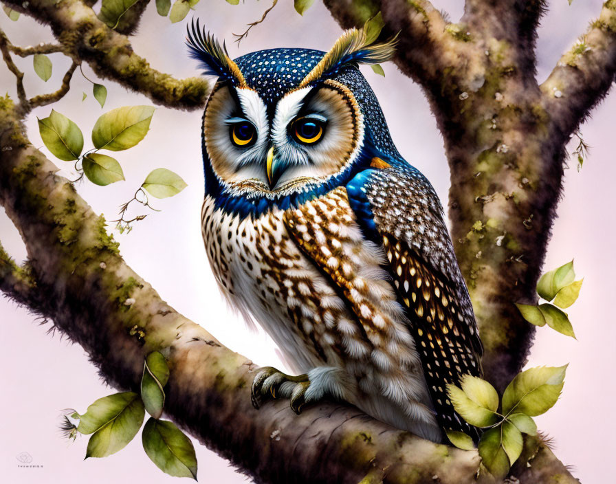 Detailed Owl Perched on Tree Branch with Green Leaves on Soft Pink Background