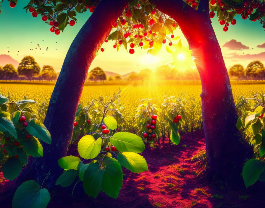 Vibrant cherry trees in lush orchard at sunset with ripe red cherries