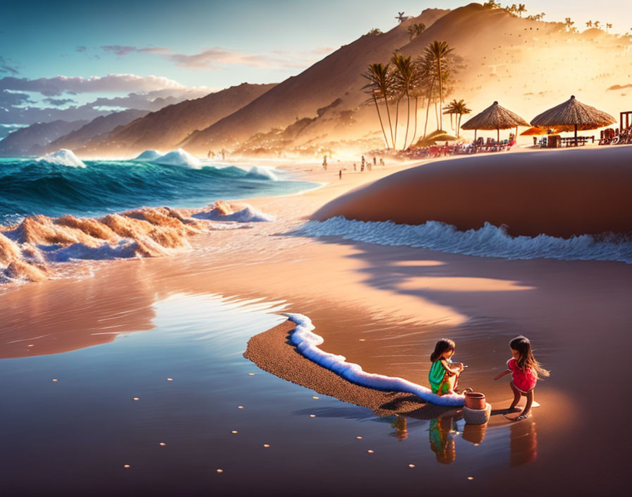 Children playing on sandy beach at sunset with crashing waves and thatched umbrellas