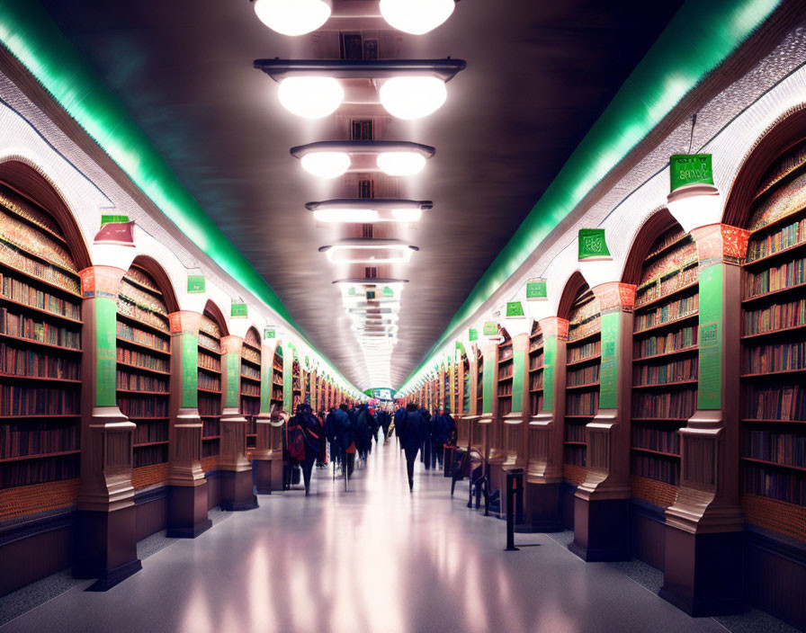 Grand library with high ceilings, arches, bookshelves, and hanging lights