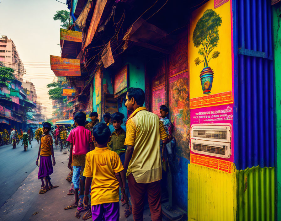 Colorful Urban Street Scene with People Walking and Conversing