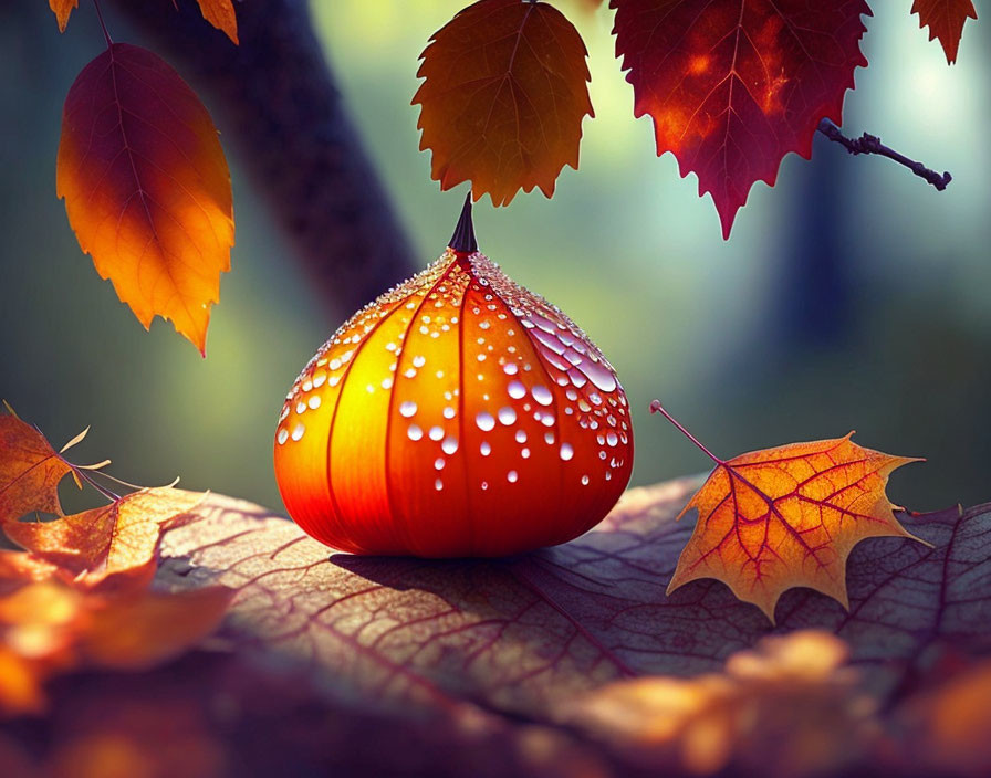 Vibrant orange pumpkin with water droplets in autumn setting