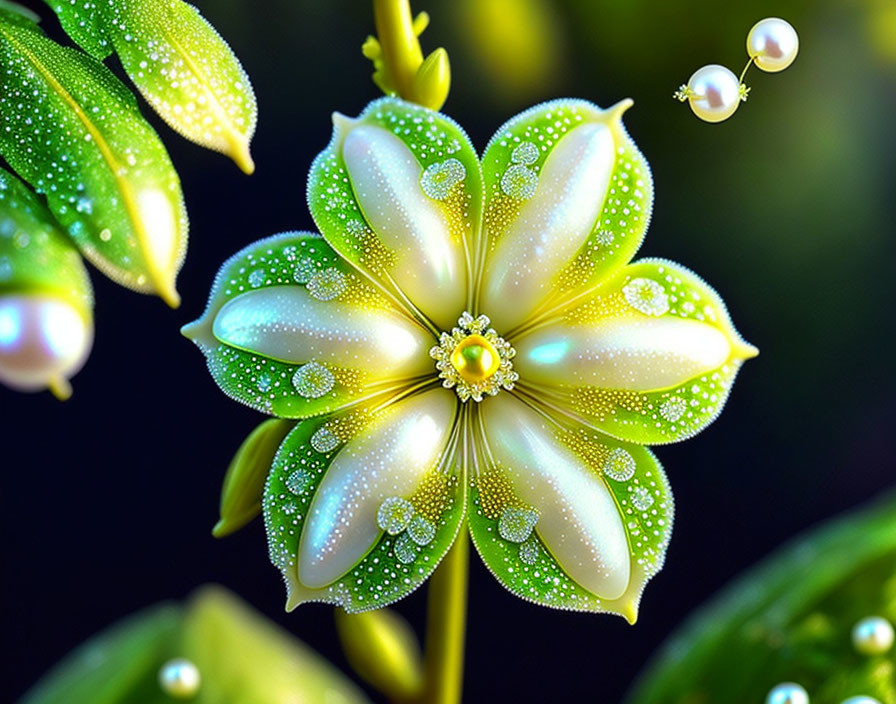 Vibrant green and white flower with dewdrops on petals against dark background