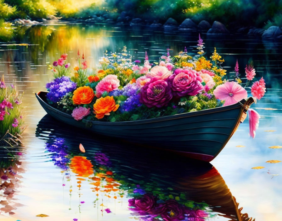 Colorful Flowers Boat Floating on Serene River