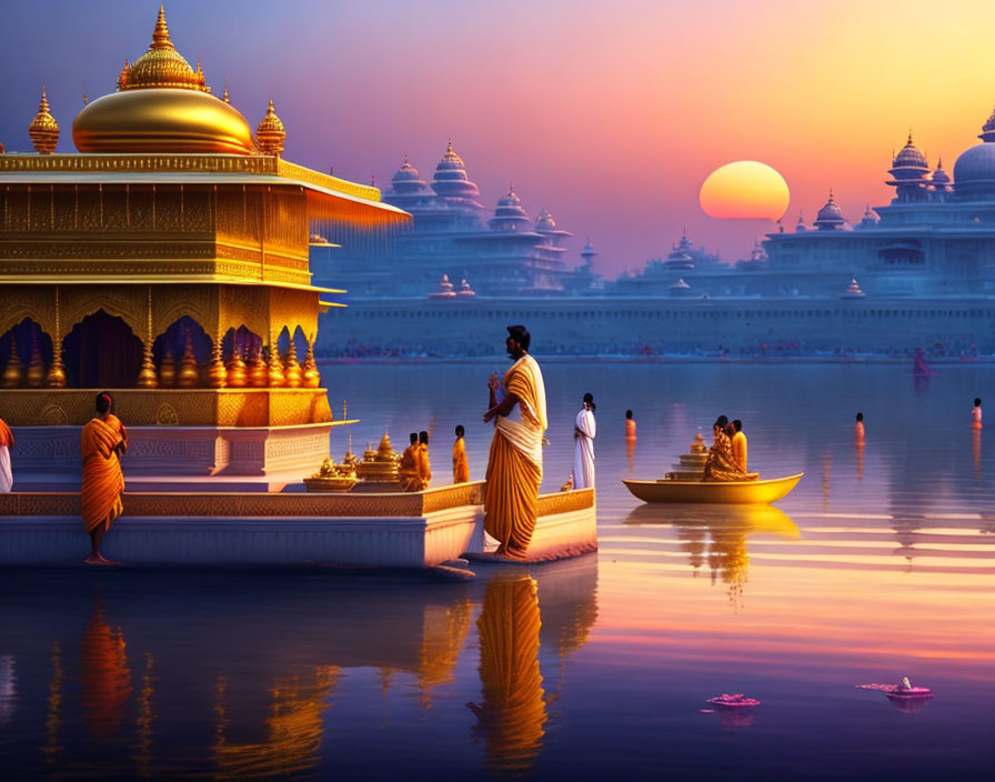 Traditional Attire People at Sunset by Golden Temple