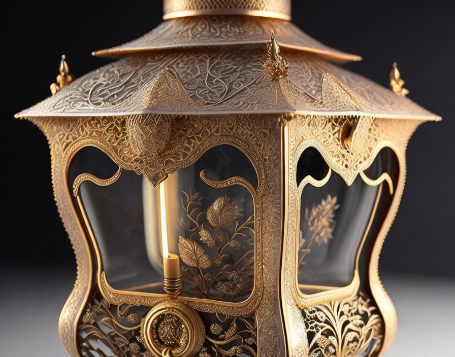 Golden lantern with intricate patterns and clear panels on dark background