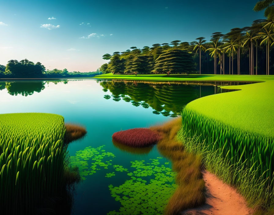 Tranquil lake with tall palm tree reflections, clear blue sky, lush greenery.