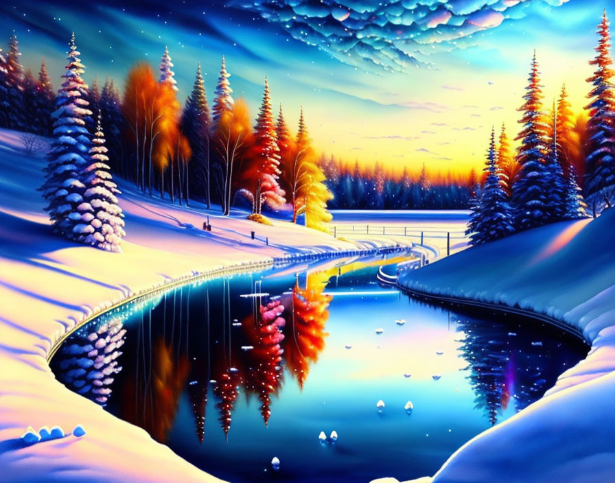 Snow-covered trees, reflective river, colorful sky: Winter landscape at dusk or dawn