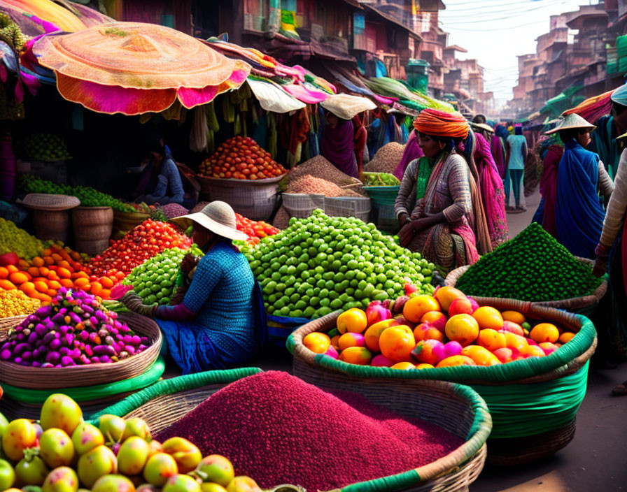 Colorful fruits and spices at vibrant street market