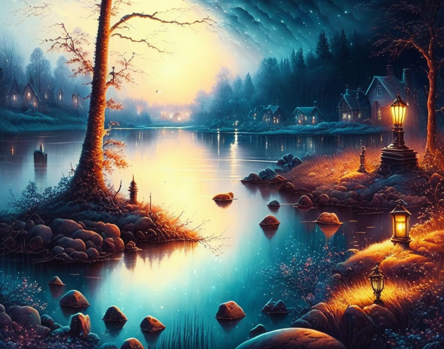 Tranquil twilight lake scene with glowing moon, street lamps, quaint house, and starry sky