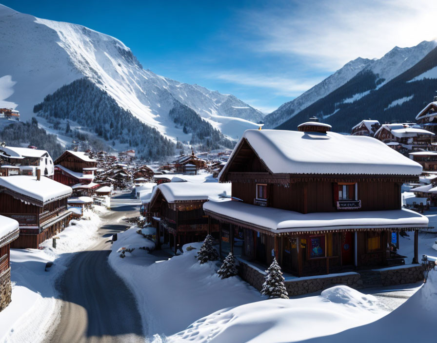 Scenic snow-covered alpine village with chalet-style buildings and mountains.