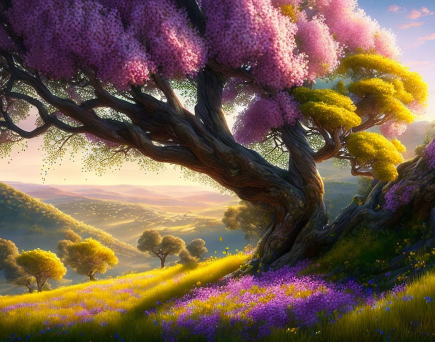 Vibrant twisted tree with pink blooms in whimsical landscape