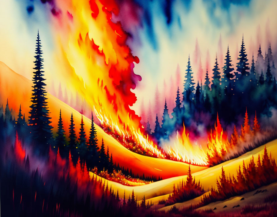 Wildfire painting: Trees engulfed by flames in a forest scene